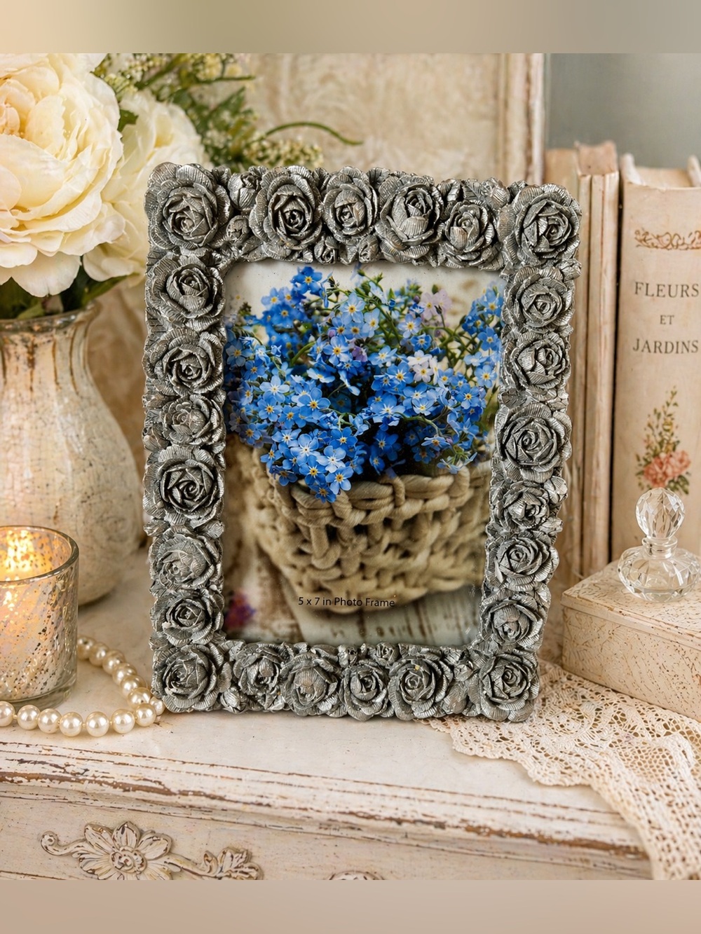 Nanette Lepore Silver Rose Photo Frame 5x7 Ornate Floral Resin Shabby Chic